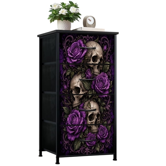 Dresser for Bedroom with 4 Storage Drawers Gothic Skulls Purple Roses Baroque Ornamental Design Dressers Chest of Drawers Steel Framed Fabric Closet Organizers for Dorm Entryway