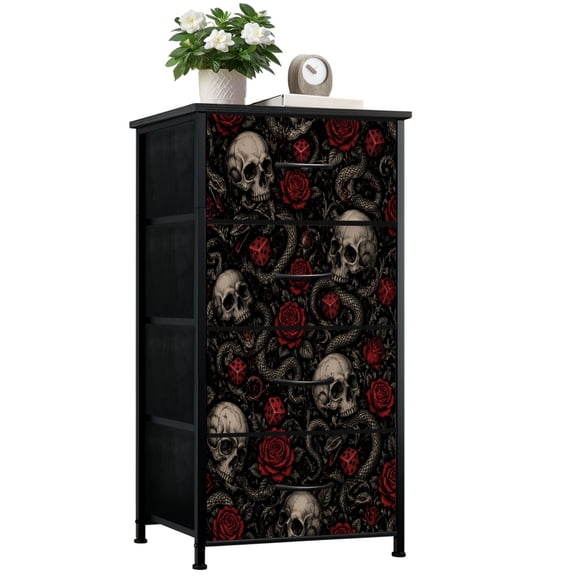 Dresser for Bedroom with 4 Storage Drawers Gothic Skulls Red Roses Snakes Dark Vintage Dressers Chest of Drawers Steel Framed Fabric Closet Organizers for Dorm Entryway