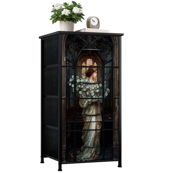 Dresser for Bedroom with 4 Storage Drawers Gothic Stained Glass Window Art Nouveau Saint Eucalyptus Chest of Drawers Steel Framed Fabric Closet Organizers for Entryway