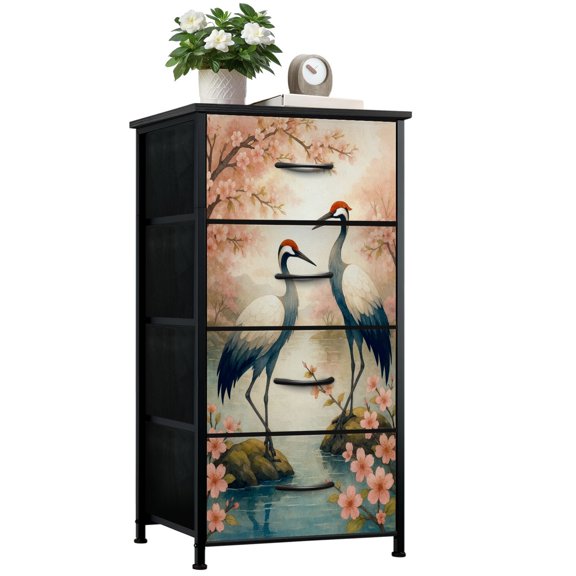 Dresser for Bedroom with 4 Storage Drawers Graceful Cranes Standing Among Cherry Blossoms Serene Dressers Chest of Drawers Steel Framed Fabric Closet Organizers for Entryway
