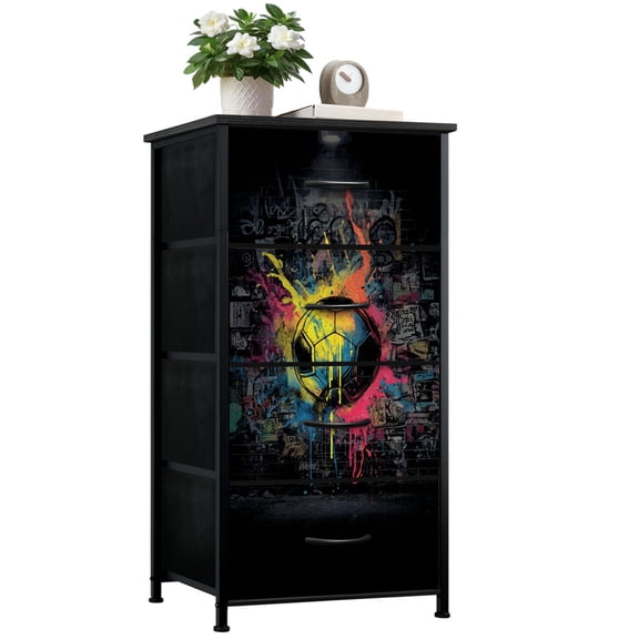 Dresser for Bedroom with 4 Storage Drawers Graffiti Style Soccer Ball Neon Paint Splatter Art Dressers Chest of Drawers Steel Framed Fabric Closet Organizers for Dorm Entryway Boys Room