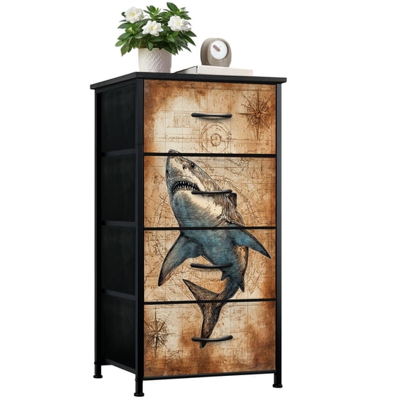 Dresser for Bedroom with 4 Storage Drawers Great White Shark Vintage Map Dressers Chest of Drawers Steel Framed Fabric Closet Organizers for Dorm Entryway