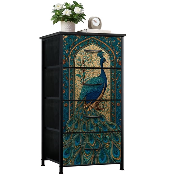 Dresser for Bedroom with 4 Storage Drawers Illustrative Peacock Ornate Feathers Floral Details Blue Gold Tones Dressers Chest of Drawers Steel Framed Fabric Closet Organizers for Dorm Entryway