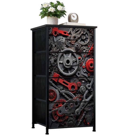 Dresser for Bedroom with 4 Storage Drawers Industrial Gear Mechanism Red Accents Metallic Details Dressers Chest of Drawers Steel Framed Fabric Closet Organizers for Dorm Entryway