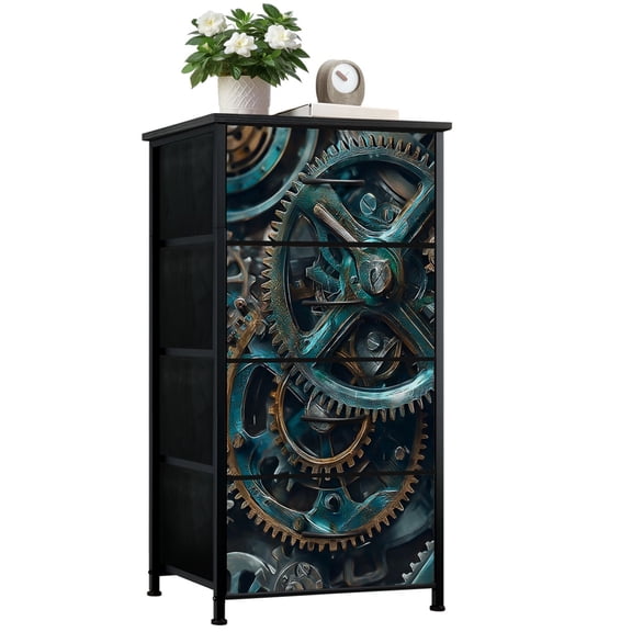 Dresser for Bedroom with 4 Storage Drawers Intricate Steampunk Gear Mechanism Bronze Teal Dressers Chest of Drawers Steel Framed Fabric Closet Organizers for Dorm Entryway