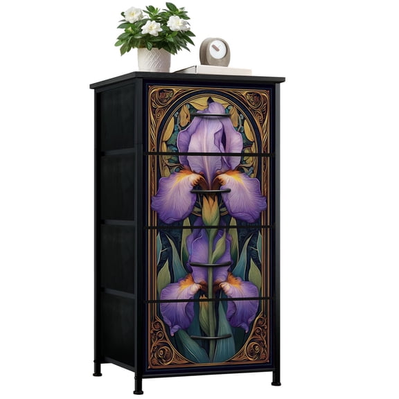 Dresser for Bedroom with 4 Storage Drawers Iris Flower Art Nouveau Purple Petals Ornate Decorative Frame Dressers Chest of Drawers Steel Framed Fabric Closet Organizers for Dorm Entryway