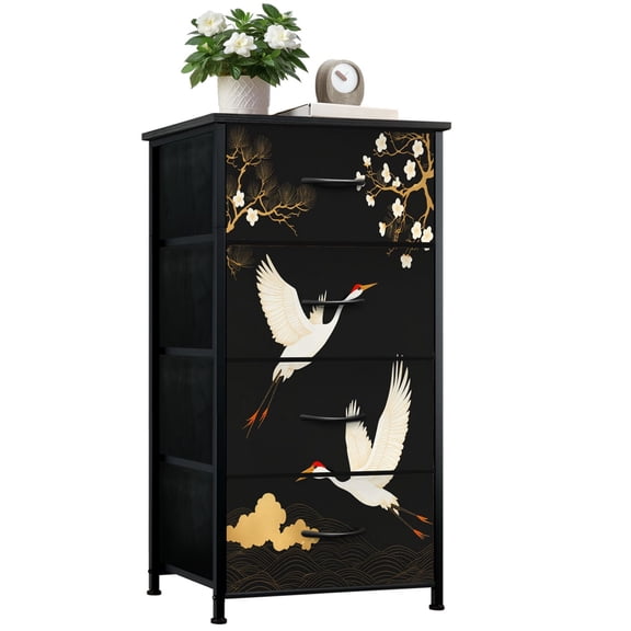 Dresser for Bedroom with 4 Storage Drawers Japanese seamless crane birds elements Asian oriental decoration Dressers Chest of Drawers Steel Framed Fabric Closet Organizers for Entryway