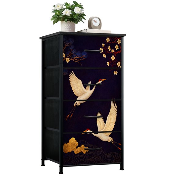 Dresser for Bedroom with 4 Storage Drawers Japanese seamless crane birds elements Asian oriental decoration Dressers Chest of Drawers Steel Framed Fabric Closet Organizers for Bedroom Dorm Playroom
