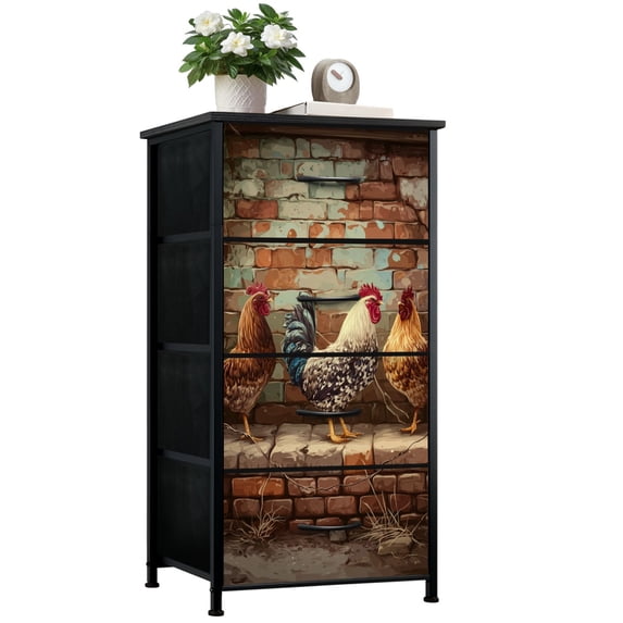 Dresser for Bedroom with 4 Storage Drawers Kitchen Chicken Farm Farmhouse Animal Rooster Rustic Dining Chickens Dressers Chest of Drawers Steel Framed Fabric Closet Organizers for Entryway