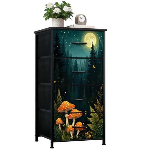 Dresser for Bedroom with 4 Storage Drawers Magical Forest Vibrant Red Mushrooms Full Moon Dressers Chest of Drawers Steel Framed Fabric Closet Organizers for Dorm Entryway End Table