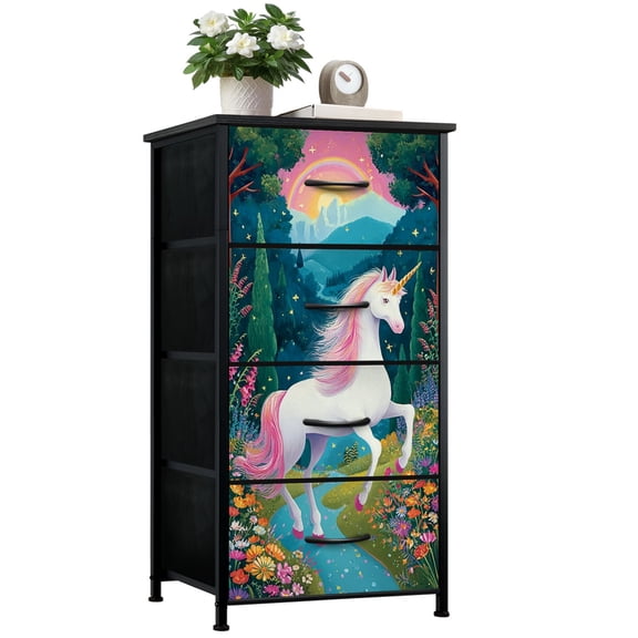 Dresser for Bedroom with 4 Storage Drawers Magical Vibrant Forest Rainbow Flowers Dressers Chest of Drawers Steel Framed Fabric Closet Organizers for Entryway Classroom Dorm