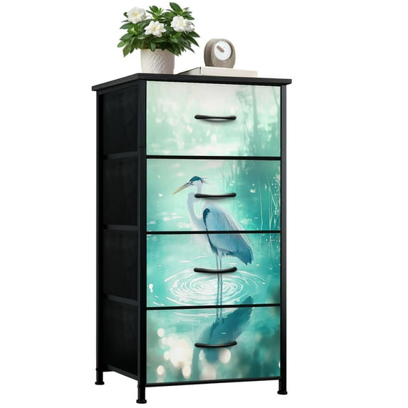 Dresser for Bedroom with 4 Storage Drawers Majestic Heron Watercolor Dreamy Teal Atmosphere Chest of Drawers Steel Framed Fabric Closet Organizers for Entryway