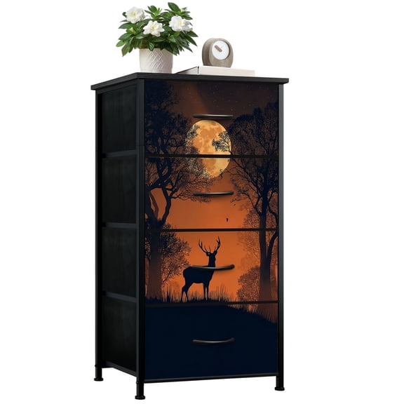 Dresser for Bedroom with 4 Storage Drawers Majestic Stag Silhouette Against Full Moon Forest Dressers Chest of Drawers Steel Framed Fabric Closet Organizers for Dorm Entryway