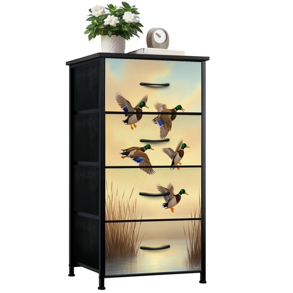 Dresser for Bedroom with 4 Storage Drawers Mallard Ducks Calm Wetland Sunrise Dressers Chest of Drawers Steel Framed Fabric Closet Organizers for Dorm Entryway