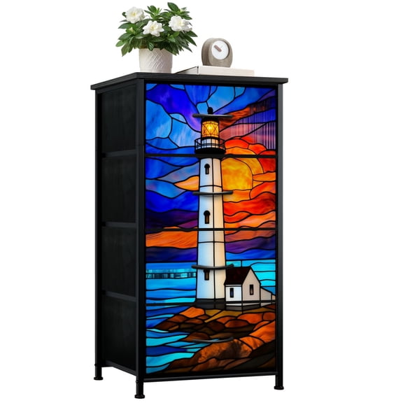 Dresser for Bedroom with 4 Storage Drawers Maritime Stained Glass Artwork Dressers Chest of Drawers Steel Framed Fabric Closet Organizers for Dorm Entryway