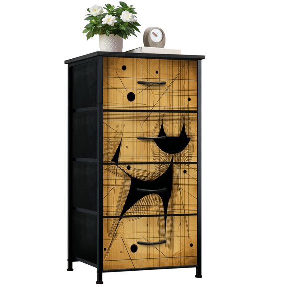 Dresser for Bedroom with 4 Storage Drawers Mid Century Atomic Black Cat Retro Starbursts Stars Abstract Cute Dressers Chest of Drawers Steel Framed Fabric Closet Organizers for Entryway