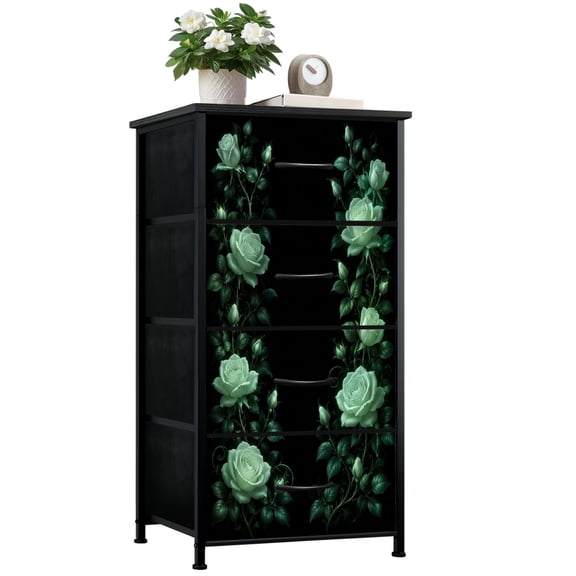 Dresser for Bedroom with 4 Storage Drawers Mint Green Rose Floral Arrangement Black Elegant Dressers Chest of Drawers Steel Framed Fabric Closet Organizers for Dorm Entryway