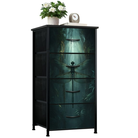 Dresser for Bedroom with 4 Storage Drawers Moody Botanical Design Vines Shadowy Plants Dressers Chest of Drawers Steel Framed Fabric Closet Organizers for Entryway Home Decor