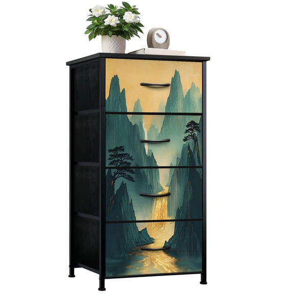 Dresser for Bedroom with 4 Storage Drawers Mountains Oriental Landscape Green Gold Modern Asian Zen Dressers Chest of Drawers Steel Framed Fabric Closet Organizers for Entryway