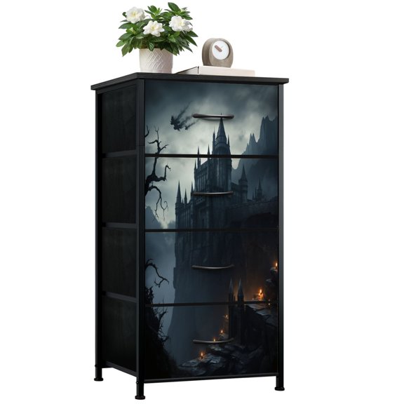 Dresser for Bedroom with 4 Storage Drawers Mystical Castle Cliff Dragon Dark Fantasy Landscape Dressers Chest of Drawers Steel Framed Fabric Closet Organizers for Bedroom Dorm Playroom