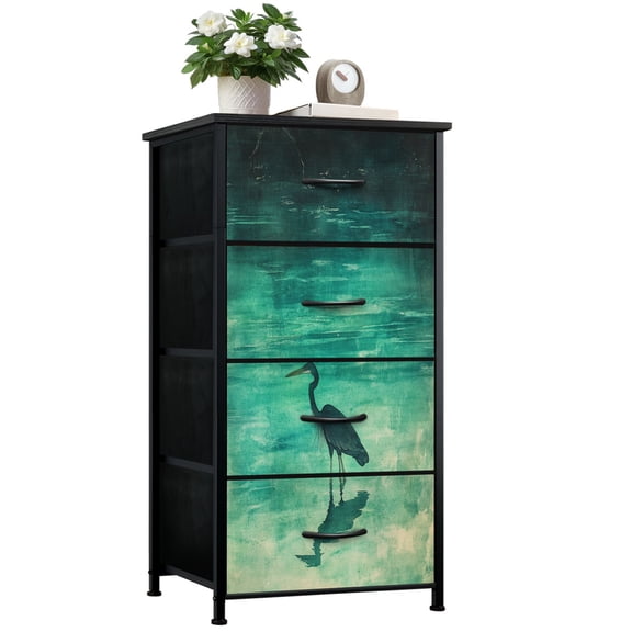 Dresser for Bedroom with 4 Storage Drawers Mystical Heron Art Turquoise Gradients Exquisite Design Dressers Chest of Drawers Steel Framed Fabric Closet Organizers for Entryway Home Decor