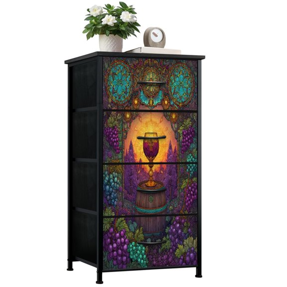 Dresser for Bedroom with 4 Storage Drawers Mystical Vineyard Sunset Stained Glass Style Chest of Drawers Steel Framed Fabric Closet Organizers for Entryway Kitchen