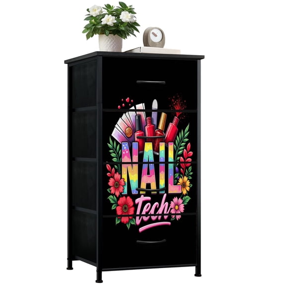 Dresser for Bedroom with 4 Storage Drawers Nail Tech Rainbow Nail Polish Manicure Dressers Chest of Drawers Steel Framed Fabric Closet Organizers for Women Entryway Nail Salon Manicure