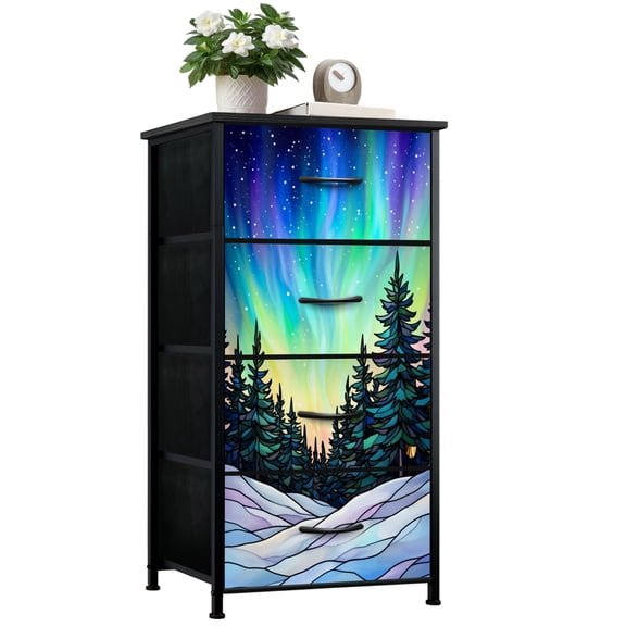 Dresser for Bedroom with 4 Storage Drawers Northern Lights Snowy Forest Tall Pine Trees Starry Sky Dressers Chest of Drawers Steel Framed Fabric Closet Organizers for Dorm Entryway End Table