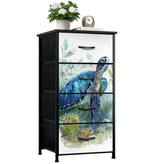 Dresser for Bedroom with 4 Storage Drawers Ocean Wall Decor Blue Turtle Sea Pictures Coastal Print Painting Dressers Chest of Drawers Steel Framed Fabric Closet Organizers for Entryway