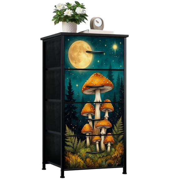 Dresser for Bedroom with 4 Storage Drawers Orange Spotted Mushrooms Golden Full Moon Night Forest Dressers Chest of Drawers Steel Framed Fabric Closet Organizers for Dorm Entryway End Table