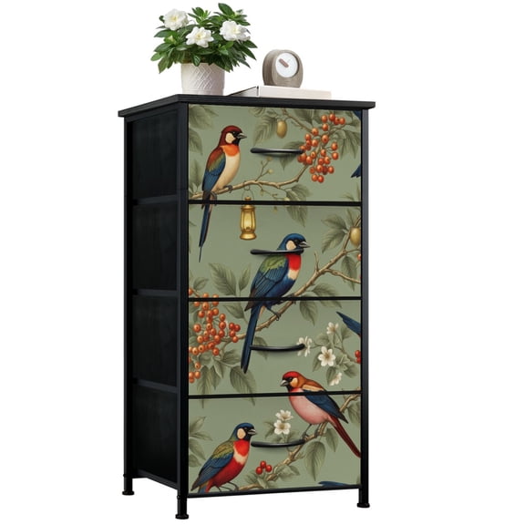 Dresser for Bedroom with 4 Storage Drawers Oriental Bird Vintage Green Floral Birds Tropical Dressers Chest of Drawers Steel Framed Fabric Closet Organizers for Dorm Entryway