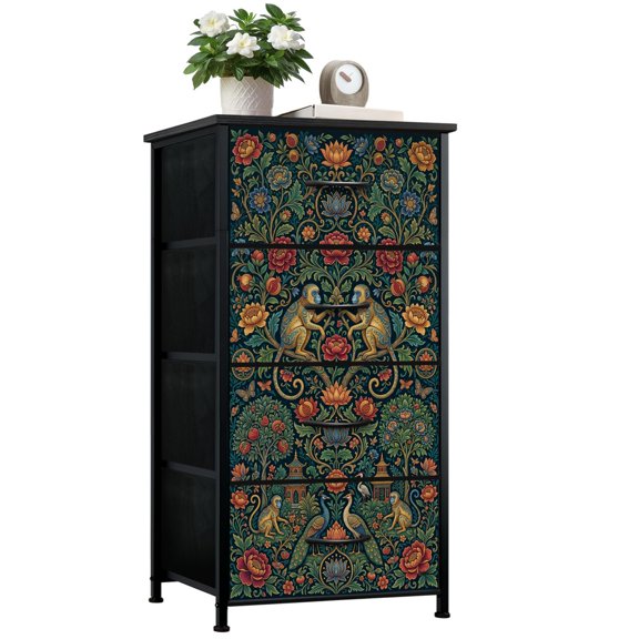 Dresser for Bedroom with 4 Storage Drawers Oriental Floral Animal Monkeys Peacocks Dark Botanical Dressers Chest of Drawers Steel Framed Fabric Closet Organizers for Dorm Entryway