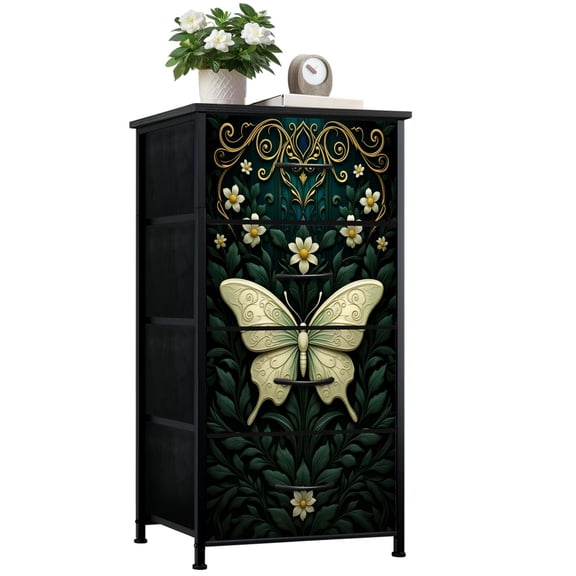 Dresser for Bedroom with 4 Storage Drawers Ornate Butterfly Emerald Green Floral Vines Art Nouveau Dressers Chest of Drawers Steel Framed Fabric Closet Organizers for Dorm Entryway