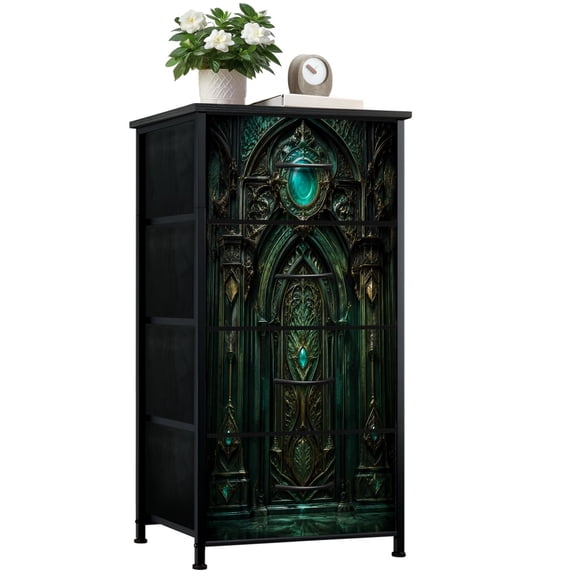 Dresser for Bedroom with 4 Storage Drawers Ornate Emerald Gothic Door Intricate Carved Details Dressers Chest of Drawers Steel Framed Fabric Closet Organizers for Dorm Entryway