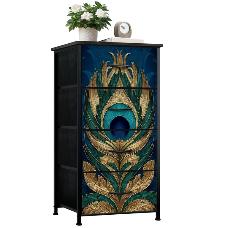 Dresser for Bedroom with 4 Storage Drawers Ornate Peacock Feather Inspired Abstract Art Teal Gold Dressers Chest of Drawers Steel Framed Fabric Closet Organizers for Dorm Entryway