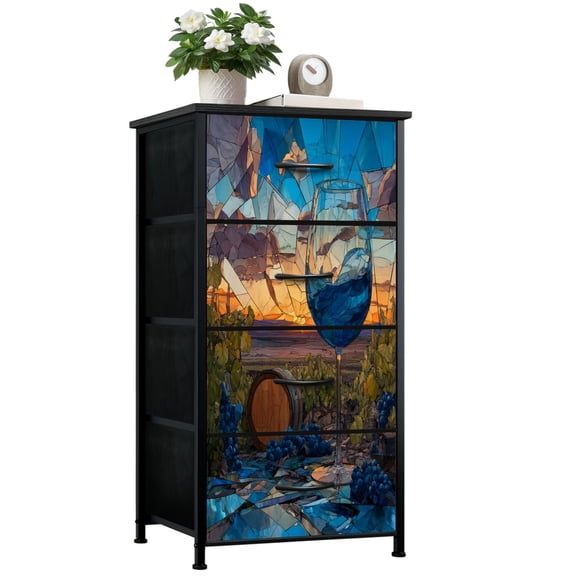 Dresser for Bedroom with 4 Storage Drawers Otherworldly Vineyard Scene Luminous Wine Glass Shards Dressers Chest of Drawers Steel Framed Fabric Closet Organizers for Entryway Kitchen