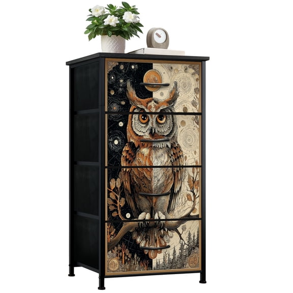 Dresser for Bedroom with 4 Storage Drawers Owl Celestial Night Day Symmetry Vintage Engraving Style Dressers Chest of Drawers Steel Framed Fabric Closet Organizers for Nursery Entryway