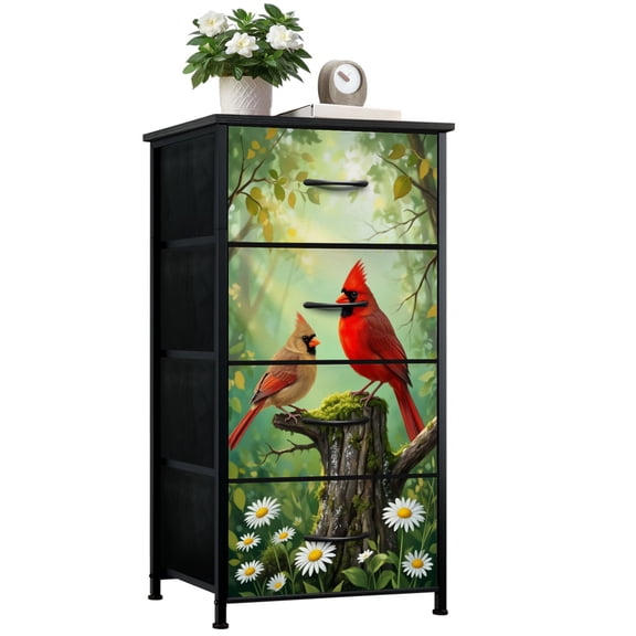 Dresser for Bedroom with 4 Storage Drawers Pair Vibrant Cardinals Mossy Tree Stump Forest Daisies Dressers Chest of Drawers Steel Framed Fabric Closet Organizers for Dorm Entryway End Table