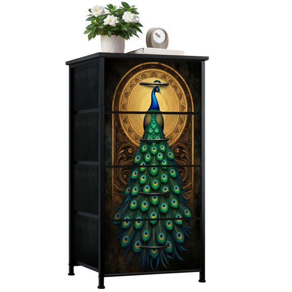 Dresser for Bedroom with 4 Storage Drawers Peacock Emerald Feathers Ornate Golden Mandala Dressers Chest of Drawers Steel Framed Fabric Closet Organizers for Dorm Entryway