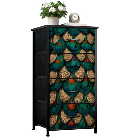 Dresser for Bedroom with 4 Storage Drawers Peacock Feather Scales Teal Emerald Orange Accents Tropical Dressers Chest of Drawers Steel Framed Fabric Closet Organizers for Dorm Entryway End Table