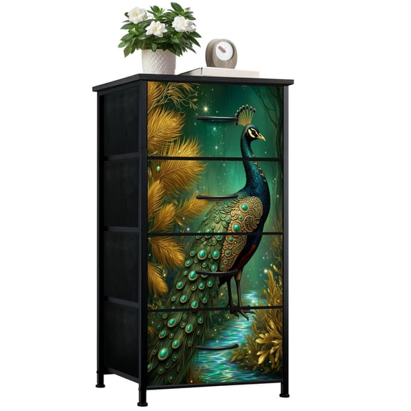 Dresser for Bedroom with 4 Storage Drawers Peacock Ornate Emerald Gold Jewel Tail Forest Fantasy Dressers Chest of Drawers Steel Framed Fabric Closet Organizers for Dorm Entryway
