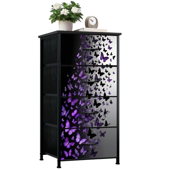 Dresser for Bedroom with 4 Storage Drawers Purple Black Butterfly Cascade Gradient Transition Dressers Chest of Drawers Steel Framed Fabric Organizers for Closet Living Room Hallway