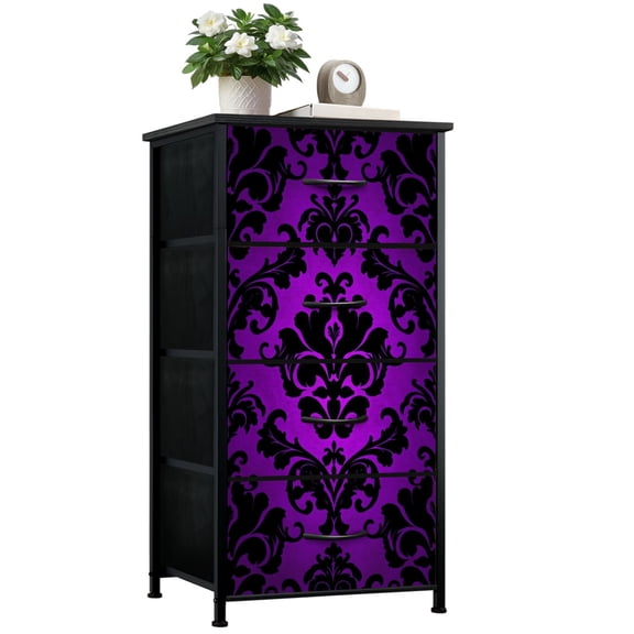 Dresser for Bedroom with 4 Storage Drawers Purple Black Floral Damask Elegant Design Dressers Chest of Drawers Steel Framed Fabric Organizers for Closet Living Room Hallway Large Capacity
