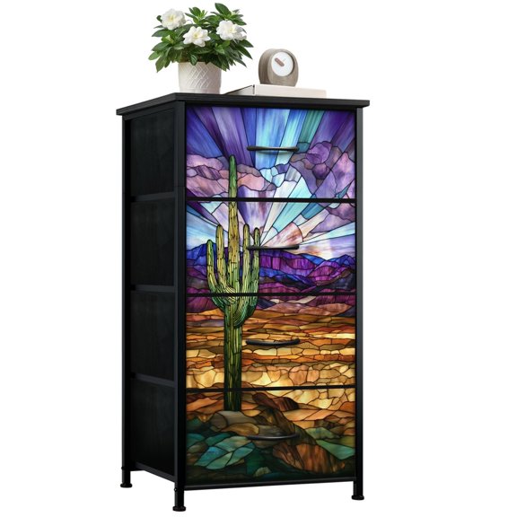 Dresser for Bedroom with 4 Storage Drawers Purple Blue Green Stained Glass Cactus Landscape Dressers Chest of Drawers Steel Framed Fabric Closet Organizers for Entryway