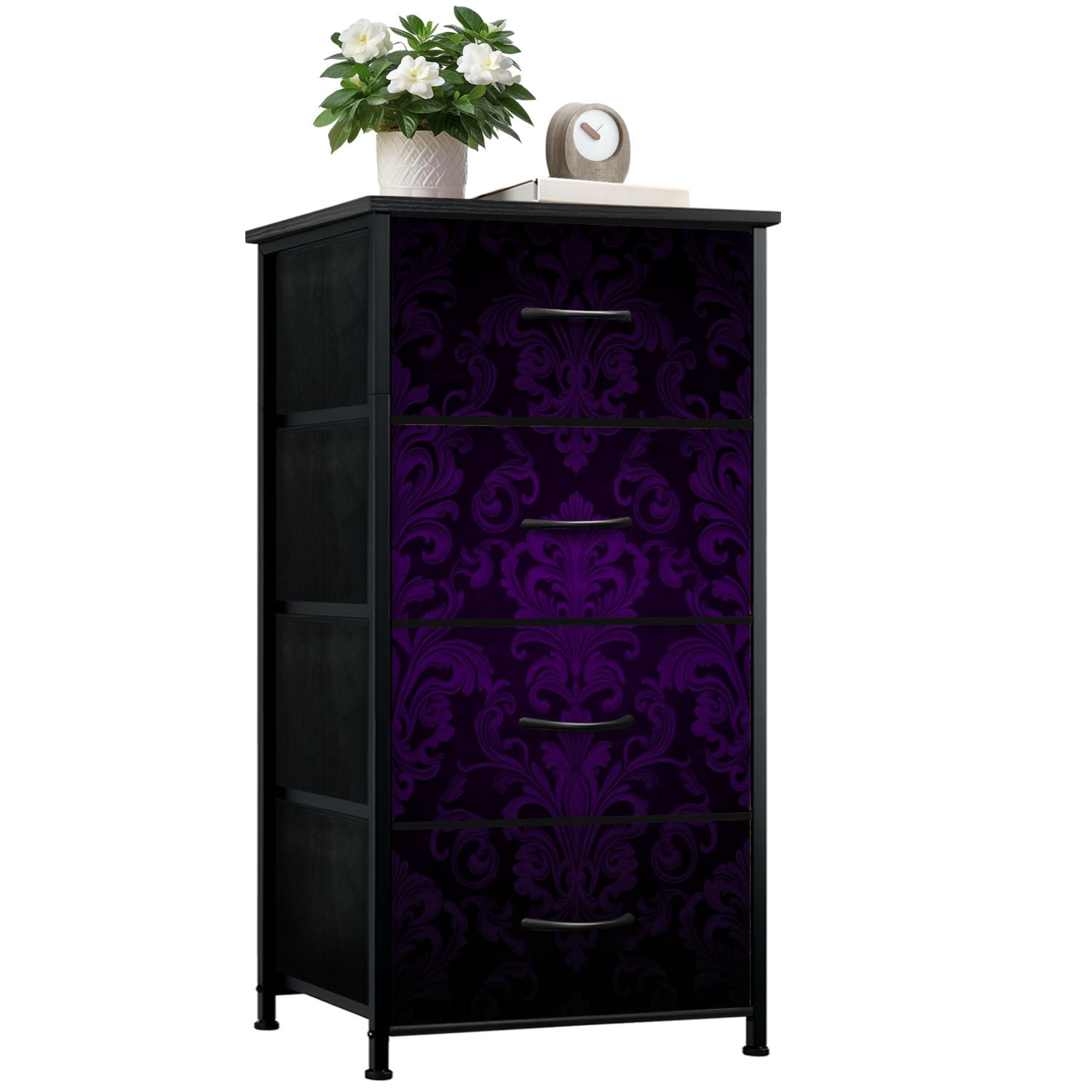 black and purple dresser for Bedroom with 4 Storage Drawers Damask Elegant Flourishes Curves Dressers Chest of Drawers Steel Framed Fabric Organizers for Closet The tri