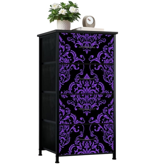 Dresser for Bedroom with 4 Storage Drawers Purple Floral Damask Black Dressers Chest of Drawers Steel Framed Fabric Organizers for Closet Living Room Hallway Large Capacity