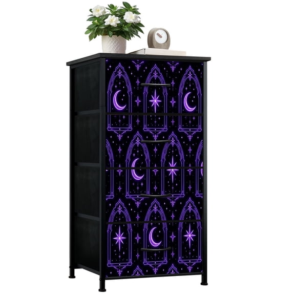 Dresser for Bedroom with 4 Storage Drawers Purple Gothic Moon Star Arched Frames Black Dressers Chest of Drawers Steel Framed Fabric Closet Organizers for Dorm Entryway