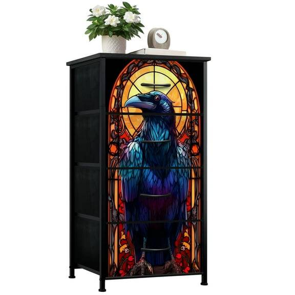 Dresser for Bedroom with 4 Storage Drawers Raven Feathers Geometric Shapes Sunlight Floral Patterns Stained Glass Dressers Chest of Drawers Steel Framed Fabric Closet Organizers for Entryway