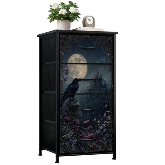 Dresser for Bedroom with 4 Storage Drawers Raven Perched Stone Full Moon Behind Gothic Castle Night Dressers Chest of Drawers Steel Framed Fabric Closet Organizers for Dorm Entryway