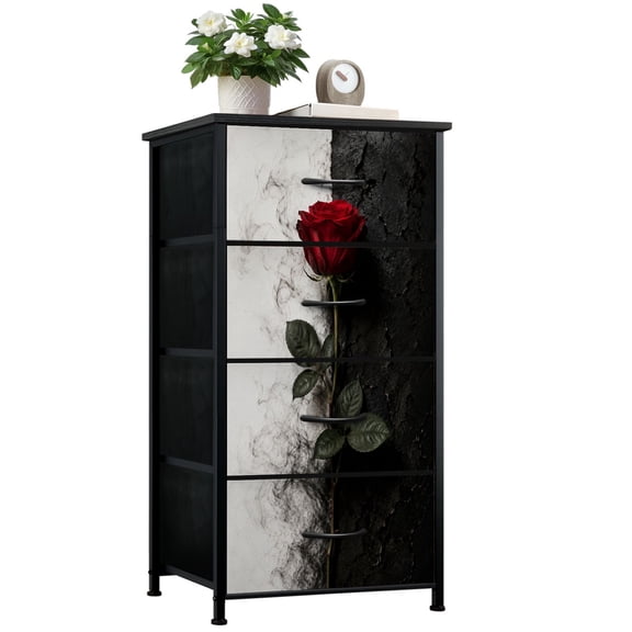 Dresser for Bedroom with 4 Storage Drawers Red Rose Contrasting Black White Dark Leaves Dressers Chest of Drawers Steel Framed Fabric Closet Organizers for Dorm Entryway